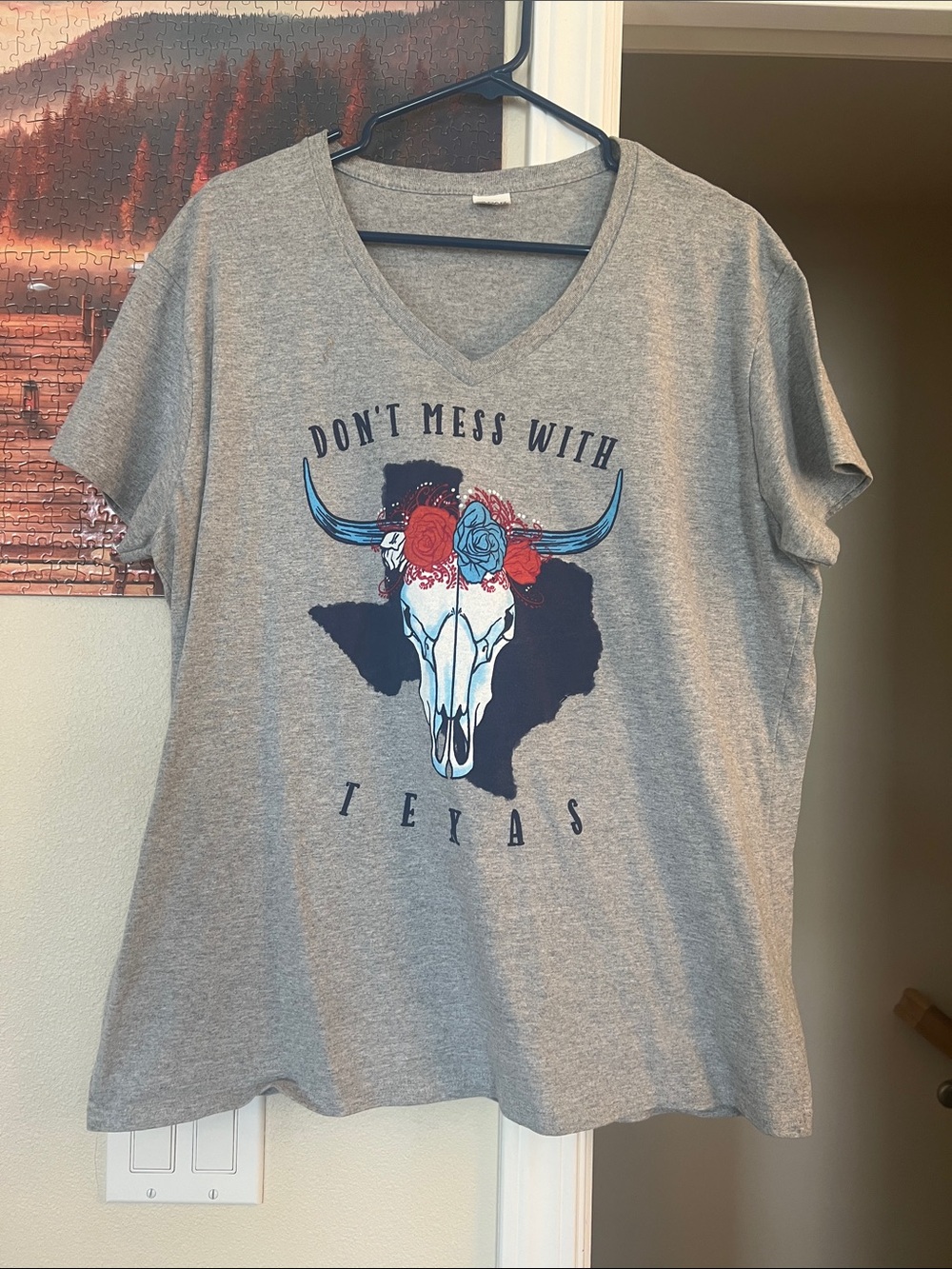 Women’s Gray V-Neck Tee - Don’t Mess With Texas Skull Graphic